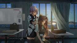 2girls ahoge animal_print black_sailor_collar black_skirt black_thighhighs black_vest collared_shirt curtains dress_shirt feet_out_of_frame green_ribbon hair_ribbon highres holding holding_another&#039;s_hair holding_ribbon huge_ahoge kagerou_(kancolle) kagerou_kai_ni_(kancolle) kantai_collection kuragare multiple_girls neck_ribbon pink_hair ribbon sailor_collar sailor_shirt school_uniform serafuku shirt short_hair short_sleeves skirt sunset table tama_(kancolle) tama_kai_ni_(kancolle) thighhighs tiger_print vest white_ribbon white_shirt whiteboard window