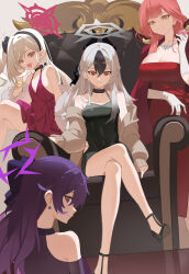 4girls aru_(blue_archive) aru_(dress)_(blue_archive) bare_shoulders black_choker black_dress black_hairband black_shoes blue_archive bow bracelet breasts brown_cardigan cardigan chinese_commentary choker cleavage closed_mouth commentary crossed_legs demon_girl demon_horns dress earrings elbow_gloves fang from_behind fur_shawl gloves gold_bracelet hair_between_eyes hair_bow hairband haruka_(blue_archive) haruka_(dress)_(blue_archive) high_heels highres horns jacket jacket_on_shoulders jewelry kayoko_(blue_archive) kayoko_(dress)_(blue_archive) large_breasts long_hair multiple_bracelets multiple_girls mutsuki_(blue_archive) mutsuki_(dress)_(blue_archive) necklace official_alternate_costume official_alternate_hairstyle on_chair one_side_up open_mouth pink_eyes playing_with_own_hair pointy_ears purple_bow purple_dress purple_eyes purple_hair red_dress red_eyes red_jacket shadow117 shawl shoes sidelocks sitting skin_fang smile white_gloves yellow_eyes