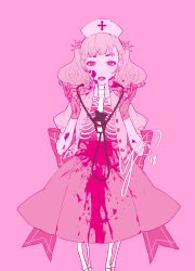 Rule 34 | 1girl, :d, absurdres, blood, blood on arm, blood on clothes, blood on face, blood on hands, blood splatter, bright pupils, coat, cowboy shot, curly hair, dress, gloves, hat, highres, holding, holding stethoscope, looking at viewer, nurse cap, open clothes, open coat, open mouth, original, pink coat, pink dress, pink eyes, pink gloves, pink hair, pink theme, short twintails, skeletal body, skeletal leg, skeleton, smile, solo, stethoscope, twintails, white pupils, yoimon