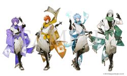 4boys :d ahoge armor black_gloves black_hair black_shirt blue_hair blue_sash blue_scarf center-flap_bangs coat copyright_notice covered_eyes covered_face crossed_bangs detached_sleeves fake_tail flipped_hair full_body gloves green_eyes green_sash green_scarf hair_between_eyes hair_over_one_eye hand_on_own_hip hand_on_sheath haori holding holding_weapon hood hood_up jacket japanese_armor japanese_clothes kimono kote kurokote kuronoa layered_sleeves lineup long_sleeves looking_at_viewer male_focus mask multiple_boys nichijo_gumi ninja ninjatou off_shoulder official_art open_clothes open_coat open_mouth orange_hair orange_jacket pants pants_tucked_in peinto_(nichijou_gumi) puffy_pants purple_coat purple_eyes purple_hair purple_sash purple_scarf sample_watermark sandals sash scarf shin_guards shirt short_hair short_kimono short_over_long_sleeves short_sleeves short_sword shuriken simple_background sinigami_(nichijou_gumi) skull_brooch smile smoke socks standing standing_on_one_leg suneate sword tabi tail torazo_(nichijou_gumi) turtleneck watermark waving weapon white_background white_kimono white_pants white_socks wide_sleeves yellow_eyes yellow_sash yukko_(matakite_4kaku) zouri