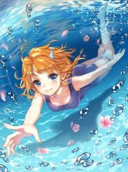 1girl air_bubble baizu_(guszx) blue_eyes blush breasts brown_hair bubble diving flower full_body hair_ornament hairpin holding_breath kamome_narumi looking_at_viewer medium_breasts outstretched_arms petals pink_flower pool pool_ladder school_swimsuit shironeko_project short_hair smile solo swimming swimsuit underwater water