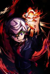 1boy arm_at_side arm_up black_background black_jacket black_pants blazer blue_eyes clenched_hand colored_bangs dress_shirt facing_to_the_side fire fireball green-framed_eyewear hand_up highres homura_takeru jacket looking_to_the_side loose_necktie magic male_focus necktie no_mouth novale110 outstretched_arm over-rim_eyewear pants popped_collar red_necktie school_uniform semi-rimless_eyewear shirt smoke swept_bangs turning_head white_hair white_shirt wind yu-gi-oh! yu-gi-oh!_vrains