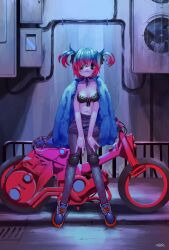 Rule 34 | 1girl, \n/, air conditioner, bags under eyes, black bra, black pantyhose, black shoes, black shorts, blue jacket, bra, breasts, commentary, english commentary, fishnet pantyhose, fishnets, full body, fur jacket, gradient hair, grate, highres, jacket, jacket on shoulders, knee pads, looking at viewer, medium breasts, motor vehicle, motorcycle, multicolored hair, nail polish, navel, original, outdoors, pantyhose, pink hair, red eyes, road, sewer grate, shoes, short hair, shorts, signature, smile, sneakers, solo, standing, street, twintails, underwear, yu (stdio nameraka)
