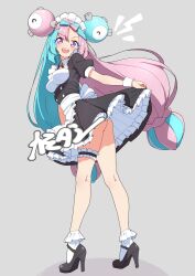 1girl alternate_costume apron black_dress black_ribbon black_shoes blue_hair blue_light blush bow-shaped_hair breasts collar commentary detached_collar double_bun dress enmaided fake_hair_bun frilled_apron frills game_freak grey_background hair_bun high_heels highres iono_(pokemon) kamidan kneepits long_hair looking_at_viewer maid maid_apron maid_headdress multicolored_hair neck_ribbon nintendo open_mouth pink_hair pokemon pokemon_sv ribbon shoes short_sleeves simple_background smile socks solo split-color_hair teeth thighs two-tone_hair upper_teeth_only v-shaped_eyebrows waist_apron white_apron white_collar white_socks