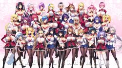 6+girls ahoge amatsuka_erena bat_hair_ornament black_hair black_legwear black_skirt blonde_hair blue_eyes blue_hair blue_skirt blunt_bangs braid braided_ponytail breasts brown_hair caryle_restram casinia_vlad_clausel catherine_e._romancia celestia_laciel chartina_luitgard cleavage dark-skinned_female dark_skin derauea drill_hair elf else_eve_dianta everyone fee_kissethermit flower green_eyes hair_flower hair_ornament hair_over_one_eye hairband highres huge_breasts iizuki_lilia izuki_lilia jougasaki_rio kuromorihime_akira lecia_von_koenig long_hair looking_at_viewer lydia_luitgard midou_kaede milk_factory minase_maya misaki_konoka motto!_haramase!_honoo_no_oppai_chou_ero_appli_gakuen! motto!_haramase!_honoo_no_oppai_isekai_chou_ero:_succubus_gakuen motto!_haramase!_honoo_no_oppai_isekai_ero_mahou_gakuen! multiple_girls myau_orphel naomin_iva_lucille olga_(milk_factory) pantyhose pham pink_background pink_hair platinum_blonde_hair pleated_skirt pointy_ears ponytail puffy_sleeves purple_eyes purple_hair qunqun_na_olganite red_eyes red_hair rosalina_raphaelos saionji_nanako school_uniform short_hair sidelocks skirt sonomiya_yukari sophia_von_managras standing tagme thighhighs third-party_edit twintails uzuki_kaguya very_long_hair washimiya_takami white_legwear yellow_eyes yukinokouji_mizore yumegasaki_mako yutani_hinata