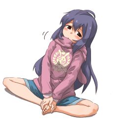 1girl ahoge barefoot blue_skirt blush breasts brown_eyes butterfly_sitting dot_nose double-parted_bangs dutch_angle full_body fuusan highres holding_own_foot hood hoodie idolmaster idolmaster_million_live! idolmaster_million_live!_theater_days long_hair long_sleeves miniskirt mochizuki_anna motion_lines pink_hood pink_hoodie print_hoodie purple_hair sidelocks simple_background sitting skirt small_breasts solo straight_hair triangle_mouth white_background