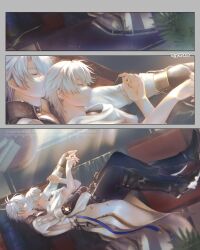 2boys antenna_hair artist_name black_boots black_choker black_pants blanket boots border caelus_(honkai:_star_rail) choker closed_eyes commentary_request covered_mouth day fingernails gauntlets grey_border grey_hair hair_between_eyes highres honkai:_star_rail honkai_(series) hug hug_from_behind indoors jacket long_sleeves lying male_focus multiple_boys multiple_views on_bed on_side pants phainon_(honkai:_star_rail) pillow plant shirt short_hair short_sleeves sleeping sun_symbol sunlight t-shirt teeth trailblazer_(honkai:_star_rail) watermark white_hair white_jacket white_shirt yaoi yp095468