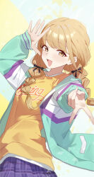 1girl absurdres black_bow blonde_hair blue_skirt blush bow braid commentary fang foreshortening fujita_kotone gakuen_idolmaster gyaru_v hair_bow highres idolmaster jacket long_hair long_sleeves looking_at_viewer multicolored_jacket plaid_clothes plaid_skirt pleated_skirt shirt skin_fang skirt smile solo sukaliya twin_braids v yellow_eyes yellow_shirt