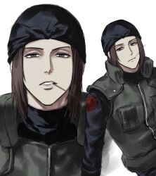 Rule 34 | 1boy, bandana, black hair, brown eyes, brown hair, flak jacket, green jacket, highres, jacket, konohagakure shinobi uniform, konohagakure symbol, looking at viewer, male focus, mouth hold, naruto (series), ninja, portrait, shiranui genma, short hair, solo, sso s, teeth, teeth hold, toothpick