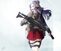1girl :o absurdres aimpoint angled_foregrip assault_rifle bag_charm borrowed_character charm_(object) chest_rig collared_shirt commentary_request explosive fingerless_gloves flashbang flashlight floating_hair gloves green_eyes grenade grey_sweater gun gun_sling h&amp;k_g36c hair_bun half_updo hayatelikecat headset highres holding holding_gun holding_suppressor holding_weapon holster laser_sight long_hair long_sleeves magazine_(weapon) microphone military_operator miniskirt necktie optical_sight original parted_lips pleated_skirt pouch purple_hair purple_nails radio_antenna red_necktie red_skirt rifle shirt sidelocks signature single_hair_bun skirt solo standing star_(starnight17) suppressor suppressor_removed sweater tactical_clothes thigh_holster walkie-talkie weapon white_shirt