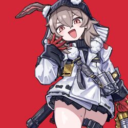 1girl absurdres animal_ears arknights artistic_error black_hoodie black_shirt black_skirt brown_eyes brown_hair caper_(arknights) coat commentary gloves hand_to_own_mouth highres holding holding_weapon hood hood_up hoodie indoors looking_at_viewer miniskirt mole mole_on_thigh ojou-sama_pose open_mouth pleated_skirt pom_pom_(clothes) rabbit_ears red_background red_gloves shirt short_hair simple_background skirt smile solo thigh_strap thighs weapon weapon_on_back white_coat yonoisan
