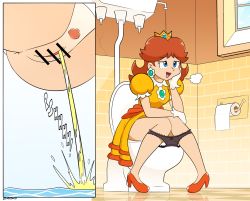 1girl anus bar_censor bathroom black_panties blue_eyes blush bow bow_panties breasts breath brown_hair censored crown dangerking11 dress earrings flower_earrings gloves high_heels highres jewelry large_breasts long_hair mario_(series) nintendo open_mouth orange_footwear panties panty_pull peeing princess princess_daisy pubic_hair pussy relief shoes sitting smile super_mario_land toilet toilet_paper toilet_use underwear wall white_gloves window yellow_dress