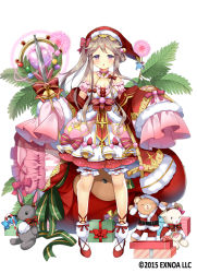 Rule 34 | 1girl, :o, bare legs, bell, bloomers, bow, box, breasts, brown hair, christmas, cleavage, detached collar, detached sleeves, dress, dress bow, flower, flower knight girl, full body, gift, gift box, hair bow, hat, holding, holding staff, kurot, layered dress, legs apart, long hair, looking at viewer, medium breasts, name connection, object namesake, official art, ojigisou (flower knight girl), open mouth, pink bow, purple eyes, red bow, red hat, red shoes, santa hat, shoes, simple background, sleepy, sleeves past fingers, sleeves past wrists, socks, solo, staff, standing, stuffed animal, stuffed rabbit, stuffed toy, teddy bear, underwear, white background, white bloomers, white socks
