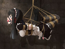 1girl absurdres apron arms_behind_back ball_gag bdsm black_hair black_pantyhose blue_eyes blush bondage bound bound_arms bound_legs bound_torso breast_bondage breasts crotch_rope crying crying_with_eyes_open dress drooling egg_vibrator female_focus forced_orgasm frilled_dress frills from_side full_body gag gag_harness gagged highres hogtie long_hair looking_ahead maid maid_apron maid_headdress medium_breasts original pantyhose peril pussy_juice pussy_juice_trail remote_control_vibrator restrained saliva saliva_trail sex_toy shibari shibari_over_clothes shoes skindentation solo suspension tears variant_set vibrator vibrator_cord vibrator_under_clothes wanliu wiffle_gag