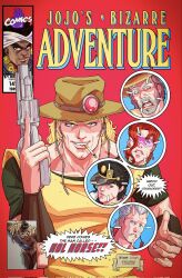 6+boys beard bernhard_binder biting_own_lip black_hair blonde_hair blue_eyes brown_hair cigarette clenched_teeth comic_cover_redraw commentary corrupted_twitter_file cowboy_hat crying dark-skinned_male dark_skin derivative_work earrings emperor_(stand) english_commentary facial_hair green_eyes grey_hair gun hair_over_one_eye hanged_man_(stand) hat hat_over_one_eye headband highres hol_horse holding holding_gun holding_weapon jean_pierre_polnareff jewelry jojo_no_kimyou_na_bouken joseph_joestar joseph_joestar_(old) kakyoin_noriaki kuujou_joutarou marvel mohammed_avdol multiple_boys new_mutants parody smile stand_(jojo) stardust_crusaders streaming_tears sunglasses tears teeth trigger_discipline weapon white_headband widow&#039;s_peak x-men