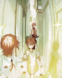 22kolink aged_down child collared_shirt highres holding_hands long_sleeves male_focus multiple_boys necktie original red_eyes red_hair shirt short_hair siblings sparkle