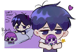 1boy antenna_hair black_eyes black_hair blanket character_doll chibi chibi_only doll english_text heart highres holding holding_stuffed_toy kel_(headspace)_(omori) kel_(omori) male_focus omori pillow solo stuffed_toy sunny_(omori) ullilya1 under_covers
