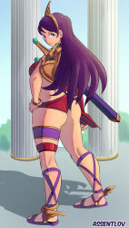 1girl ass assentlov athena_(series) bikini breasts feet fingerless_gloves gloves hand_on_own_hip highres large_breasts legs long_hair looking_at_viewer princess_athena psycho_soldier purple_eyes purple_hair red_bikini shield sideboob smile snk solo swimsuit thighs weapon