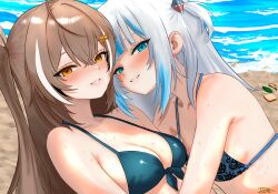 2girls absurdres bare_shoulders beach bikini blue_bikini blue_eyes blue_hair blush bread bread_slice breasts brown_hair collarbone commentary day dfswift english_commentary fanged_bangs food front-tie_bikini_top front-tie_top gawr_gura green_bikini grin hair_between_eyes hair_ornament hairclip highres hololive hololive_english large_breasts leaf long_hair looking_at_viewer magnifying_glass multicolored_hair multiple_girls nanashi_mumei ocean one_side_up orange_eyes outdoors pink_lips shark_girl shark_hair_ornament sharp_teeth signature smile streaked_hair sweat swimsuit teeth two-tone_hair virtual_youtuber white_hair
