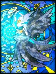 alternate_color artist_name black_dress black_gloves black_wings blue_hair bob_cut colored_skin dress elbow_gloves gardevoir gen_3_pokemon gloves halo highres mega_gardevoir mega_pokemon nintendo noive_n71 orange_eyes pokemon pokemon_(creature) shiny_pokemon white_skin wings