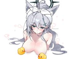 Rule 34 | 1girl, animal ear fluff, animal ears, bare shoulders, bathing, black halo, blue archive, blue eyes, breasts, convenient censoring, dandandanholo, from above, grey hair, halo, large breasts, long hair, nude, ponytail, rubber duck, shiroko (blue archive), shiroko terror (blue archive), solo, white background, wolf ears, wolf girl