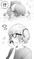 !? 2girls beanie blush closed_mouth commentary earrings girls_band_cry glasses greyscale hand_up hat highres hina_(girls_band_cry) holding_another&#039;s_wrist hood hood_down hooded_jacket iseri_nina jacket jewelry kiss low_twintails lwmina70119 monochrome multiple_girls shirt short_twintails twintails yuri