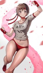 1girl arm_up artist_name blush breasts brown_eyes brown_hair buruma capcom clenched_hands headband highres kasugano_sakura looking_at_viewer medium_breasts midriff navel shirt smile solo source_request sports_uniform sportswear street_fighter