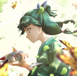 Rule 34 | 1girl, absurdres, bandages, beads, blunt bangs, bow, bug, butterfly, chinese clothes, falling petals, fox mask, freckles, green hair, green hanfu, hair bow, hair bun, hair ornament, hanfu, highres, holding, holding mask, insect, kusuriya no hitorigoto, maomao (kusuriya no hitorigoto), mask, petals, purple eyes, sengoku chidori, sidelocks, wind