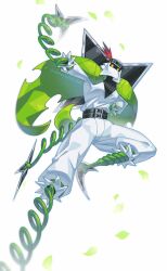 Rule 34 | cape, confeito000 333, covered face, digimon, digimon (creature), forehead protector, full body, green cape, highres, ninja, pants, shirt, shuriken, shurimon, simple background, solo, weapon, white background, white pants, white shirt, yellow eyes