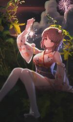 1girl arm_up blush bow breasts brown_eyes brown_hair classroom closed_mouth commentary detached_sleeves fireworks floral_print floral_print_kimono foot_out_of_frame gae_bokchi hagiwara_yukiho hair_bow half_updo highres holding holding_fireworks idolmaster idolmaster_(classic) idolmaster_starlit_season japanese_clothes kimono looking_at_object night obi official_alternate_costume outdoors plant print_kimono sash see-through_clothes see-through_sleeves senkou_hanabi short_hair sitting smile solo sparkler thighhighs white_kimono white_thighhighs