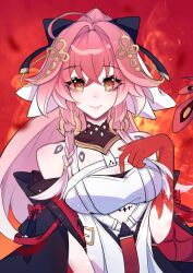 1girl bare_shoulders breasts changli_(wuthering_waves) cleavage closed_mouth fire gloves hair_between_eyes hair_ornament jacket long_hair looking_at_viewer naneqinwu pink_hair ponytail smile solo wuthering_waves yellow_eyes