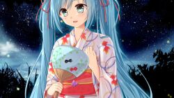 Rule 34 | 1girl, :d, blue eyes, blue hair, blush, commentary request, earrings, grass, hair ribbon, hand fan, hatsune miku, holding, holding fan, japanese clothes, jewelry, kimono, long hair, looking at viewer, natsume kei, night, night sky, obi, open mouth, outdoors, paper fan, print kimono, red sash, ribbon, sash, silhouette, sky, smile, solo, star (sky), starry sky, twintails, uchiwa, upper body, very long hair, video thumbnail, vocaloid, white kimono, yukata