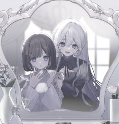 Rule 34 | 2girls, black dress, black nails, blue eyes, bottle, breasts, cleavage, cleavage cutout, clothing cutout, cowboy shot, dress, eyelashes, fingernails, flower, gem, grey eyes, hair ornament, hairclip, hairpin, highres, indoors, jewelry, juliet sleeves, long hair, long sleeves, looking at mirror, looking at object, makeup brush, mirror, multiple girls, nail polish, neck ribbon, necklace, open mouth, original, pearl (gemstone), pearl necklace, perfume bottle, puffy sleeves, ribbon, short hair, sidelocks, white dress, white flower, white hair, window, youichi (45 01)