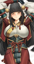 1girl arm_behind_head armor bead_necklace beads black_gloves black_hair breasts closed_mouth commentary commission dakimakura_(medium) english_commentary gloves hair_ornament japanese_clothes jewelry large_breasts looking_at_viewer lying minoto monster_hunter_(series) monster_hunter_rise necklace on_back pointy_ears rope solo tony_guisado