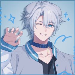 Rule 34 | 1boy, animal ears, black shirt, blue background, blue collar, blue eyes, blue hair, collar, dog boy, dog ears, grey hair, grey jacket, hair between eyes, honkai: star rail, honkai (series), jacket, long sleeves, looking at viewer, male focus, multicolored hair, neck tattoo, one eye closed, phainon (honkai: star rail), pochimaru (marumaru wanwan), shirt, short hair, simple background, smile, solo, tattoo, teeth, white hair