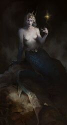 1girl blue_scales crown earrings highres jewelry looking_at_viewer mermaid monster_girl nemoart7 original pale_skin solo