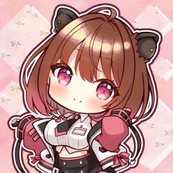 1girl ahoge animal_ear_piercing black_necktie black_shorts blush breasts brown_hair capybara_girl chibi chibi_only closed_mouth commentary_request cowboy_shot earrings jacket jewelry large_breasts looking_at_viewer nanashi_inc. necktie open_clothes open_jacket pink_background pink_eyes shirt short_hair shorts sleeveless sleeveless_shirt smile solo usaba_(usabara_c) virtual_youtuber white_jacket white_shirt yunohara_izumi