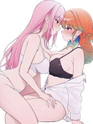 2girls black_bra black_panties blunt_bangs blush bra breast_press breasts cleavage colored_inner_hair commentary eye_contact feathers from_side gradient_hair green_feathers green_hair hashtag-only_commentary highres hololive hololive_english large_breasts lingerie long_hair long_sleeves looking_at_another miyuchiq mori_calliope multicolored_hair multiple_girls navel off_shoulder orange_hair panties parted_lips partially_unbuttoned pink_eyes pink_hair purple_eyes shirt sidelocks simple_background sitting straight_hair sweatdrop symmetrical_docking takanashi_kiara underwear underwear_only virtual_youtuber white_background white_bra white_panties white_shirt yuri