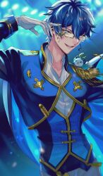 1boy animal animal_on_shoulder aqua_eyes arm_up blue_hair blue_jacket blue_vest cropped_jacket earpiece glasses gloves headphones highres jacket kayano_(kayanoakira01) leos_vincent looking_at_viewer male_focus mameneko_(leos_vincent) nijisanji nijisanji_idol_uniform one_eye_closed pants shirt smile solo stage_lights teeth vest virtual_youtuber white_gloves white_pants white_shirt yellow-framed_eyewear