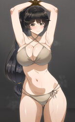 Rule 34 | 1girl, armpits, arms up, bikini, black background, black tail, breasts, commission, dolphin wave, fuooooo, gluteal fold, gradient background, grey bikini, highres, long hair, looking at viewer, mole, mole on breast, navel, pixiv commission, ponytail, restrained, rope, side-tie bikini bottom, solo, sweat, swimsuit, tearing up, thighs, yamaba yume