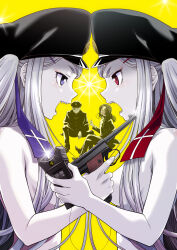 Rule 34 | 2boys, 2girls, absurdres, bandaged head, bandages, black jacket, black pants, blackletter, breasts, cigarette, covered erect nipples, cross, face-to-face, finger on trigger, from side, furigana, gakuran, geminism, gun, hair ornament, hair over breasts, hair ribbon, hairclip, handgun, hat, hat ornament, highres, hirosoma kikyou, hirosoma shinku, holding, holding cigarette, holding gun, holding weapon, jacket, long hair, looking at another, looking to the side, medium breasts, military hat, multiple boys, multiple girls, nagaoka kenzou, nambu type 14, nonstandard furigana, nude, official art, open clothes, open mouth, pants, partially colored, peaked cap, profile, purple eyes, purple ribbon, red eyes, red ribbon, ribbon, school uniform, sharp teeth, sitting, stun gun, symmetrical pose, teeth, textless version, tsukishiro tsukishiro, twintails, upper body, weapon, white hair, yamaga awasumi, yellow background