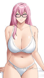 1girl absurdres black-framed_eyewear blush bra breasts cleavage closed_mouth collarbone commentary earrings glasses highres hourglass_earrings huge_breasts jewelry lace lace-trimmed_bra lace_trim long_hair looking_at_viewer navel obosounds panties pink_eyes pink_hair pink_lips semi-rimless_eyewear simple_background sitting smile solo stomach thighs tsukishiro_yanagi twitter_username under-rim_eyewear underwear underwear_only veins veiny_breasts white_background white_bra white_panties zenless_zone_zero