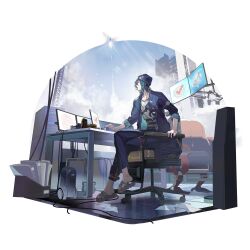 1boy artist_request beanie binder black_eyes black_hair can chair computer exhaust from_side full_body game_cg girls&#039;_frontline girls&#039;_frontline_neural_cloud green_hair hat headphones highres jacket launch_pad looking_at_screen male_focus monitor newspaper official_art on_chair open_clothes open_jacket pants rocket sandals sitting solo third-party_source transparent_background yuwang_(neural_cloud)