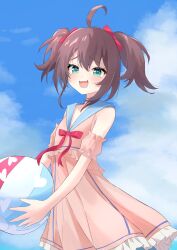 1girl :d ahoge ball blue_sailor_collar cloud cloudy_sky day floating_ball frills highres holding holding_ball hololive holonatsu_paradise natsuiro_matsuri natsuiro_matsuri_(holonatsu_paradise) oekaki open_mouth sailor_collar short_twintails simple_background sky smile twintails u_kome virtual_youtuber