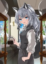1girl :d animal_ear_fluff animal_ears barista black_vest blue_eyes blush buttons coffee collared_shirt commentary_request cowboy_shot dress_shirt fang fox_ears fox_girl fox_tail from_side grey_hair grey_skirt grey_vest hand_on_own_hip highres holding_coffee_pot indoors kamiyoshi_rika light_blush long_hair looking_at_viewer open_mouth original ponytail shirt skirt smile solo standing tail vest white_shirt wing_collar