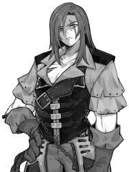 1boy absurdres belt castlevania:_curse_of_darkness castlevania_(series) castlevania_iii:_dracula&#039;s_curse coat gloves hand_on_own_hip highres ikayaki_hd3 long_hair looking_at_viewer male_focus monochrome pectorals scar scar_across_eye scar_on_chest scar_on_face shaded_face simple_background solo tearing_up trench_coat trevor_c._belmont weapon whip white_background