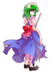 1girl alphes_(style) android apron back back_bow black_shoes blue_dress bow commentary_request dairi defeat dress frilled_sleeves frills full_body green_hair holding large_variant_set maid maid_apron maid_headdress mary_janes mop parody parted_bangs puffy_short_sleeves puffy_sleeves red_bow ruukoto shoes short_hair short_sleeves socks solo style_parody tachi-e torn_clothes touhou touhou_(pc-98) transparent_background variant_set waist_apron white_apron white_socks