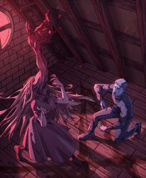 1boy 1girl attic blood body_horror cross dress exorcism faith_(game) fingernails holding holding_cross horror_(theme) john_ward long_hair no_pupils open_mouth pants possessed priest sharp_fingernails shoes short_hair standing very_long_hair wenny02 window
