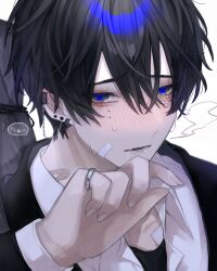 Rule 34 | 1boy, bandaid, bandaid on cheek, bandaid on face, bandaid on neck, black eyes, black hair, black jacket, black shirt, blue hair, blush, collared shirt, crying, crying with eyes open, double-parted bangs, ear piercing, fang, hair between eyes, highres, jacket, jewelry, katoumio, looking at viewer, lower teeth only, male focus, multicolored eyes, multicolored hair, nose blush, open mouth, original, piercing, ring, shirt, short hair, simple background, skin fang, slit pupils, solo, speech bubble, streaming tears, sweat, tears, teeth, two-tone eyes, two-tone hair, upper body, white background, white shirt