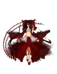 1girl absurdres alternate_color alternate_costume bow chest_sarashi dark_persona detached_sleeves frilled_bow frills gohei hair_bow hair_over_one_eye hair_tubes hakurei_reimu highres holding holding_gohei holding_mask long_hair m.u.g.e.n mask one_eye_covered oni_mask onimiko qghy red_mask red_skirt sarashi skirt smile solo stomach touhou unworn_mask very_long_hair yin_yang